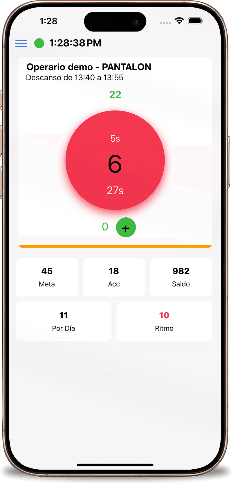 La app del operario en rojo: la producción quedó lejos de la meta y el aviso aparece dentro de la misma hora, no al cierre del turno.